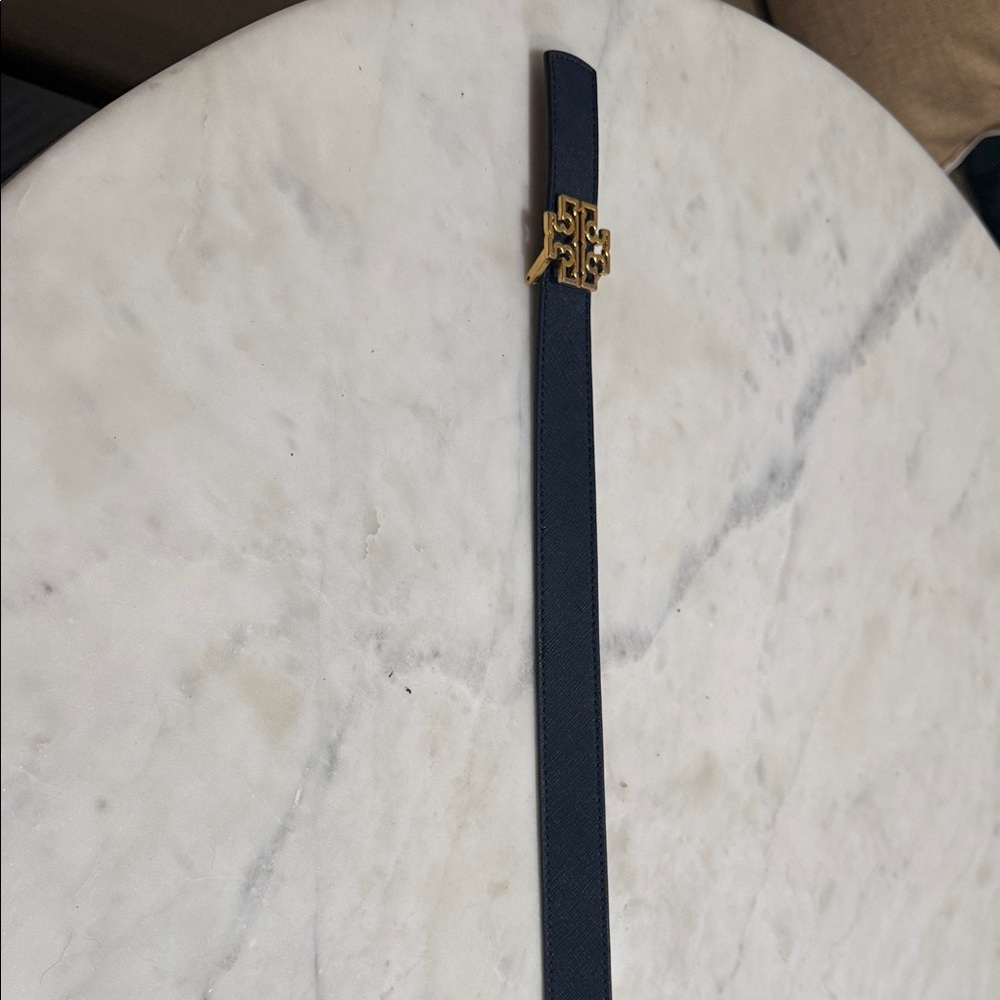 Navy Leather Belt with Gold Logo Buckle